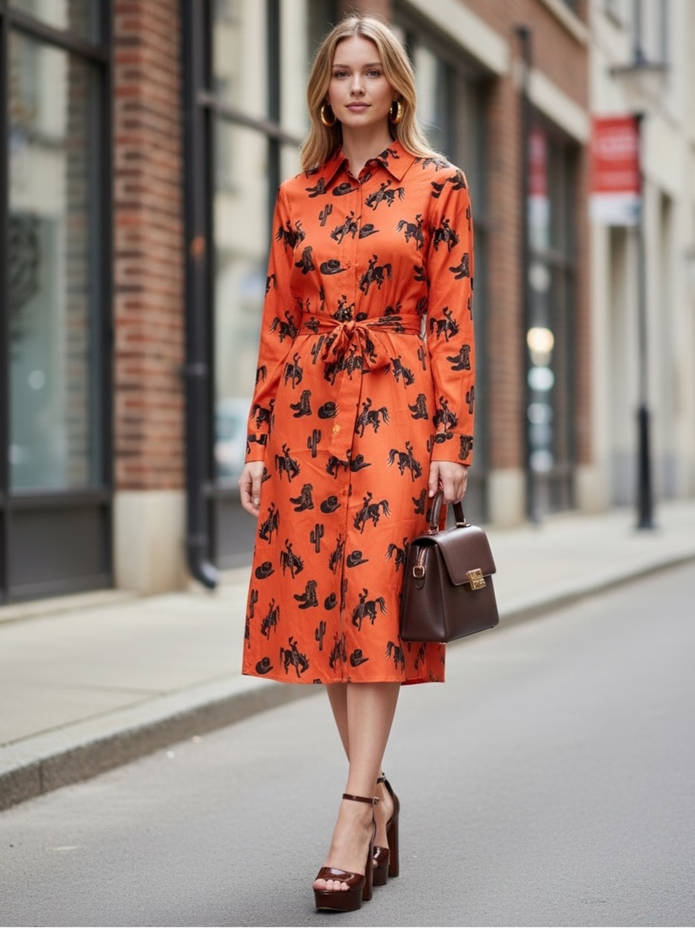 NEW blue b Orange & Brown Equestrian Western Print Button Down Midi Shirt Dress - Picture 2 of 5